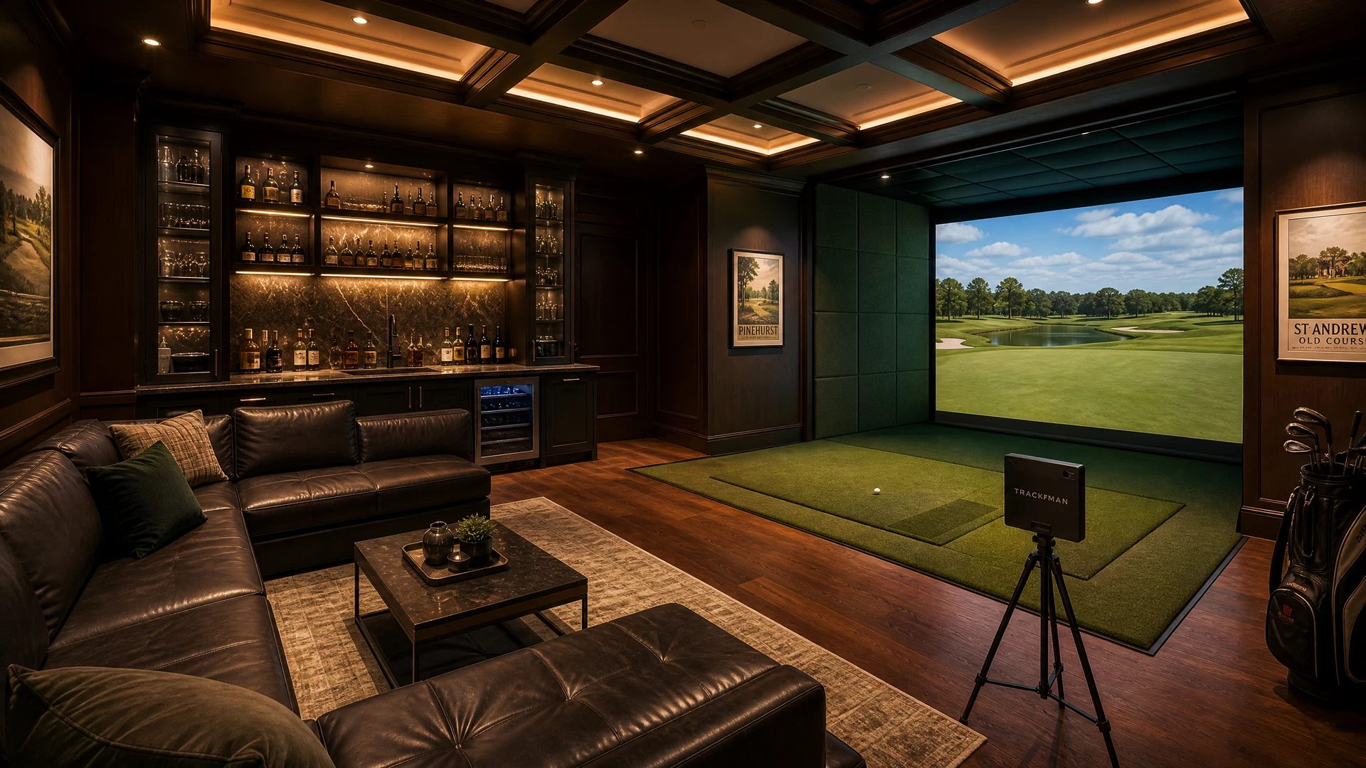 Luxury home golf simulator bay with lounge and wet bar
